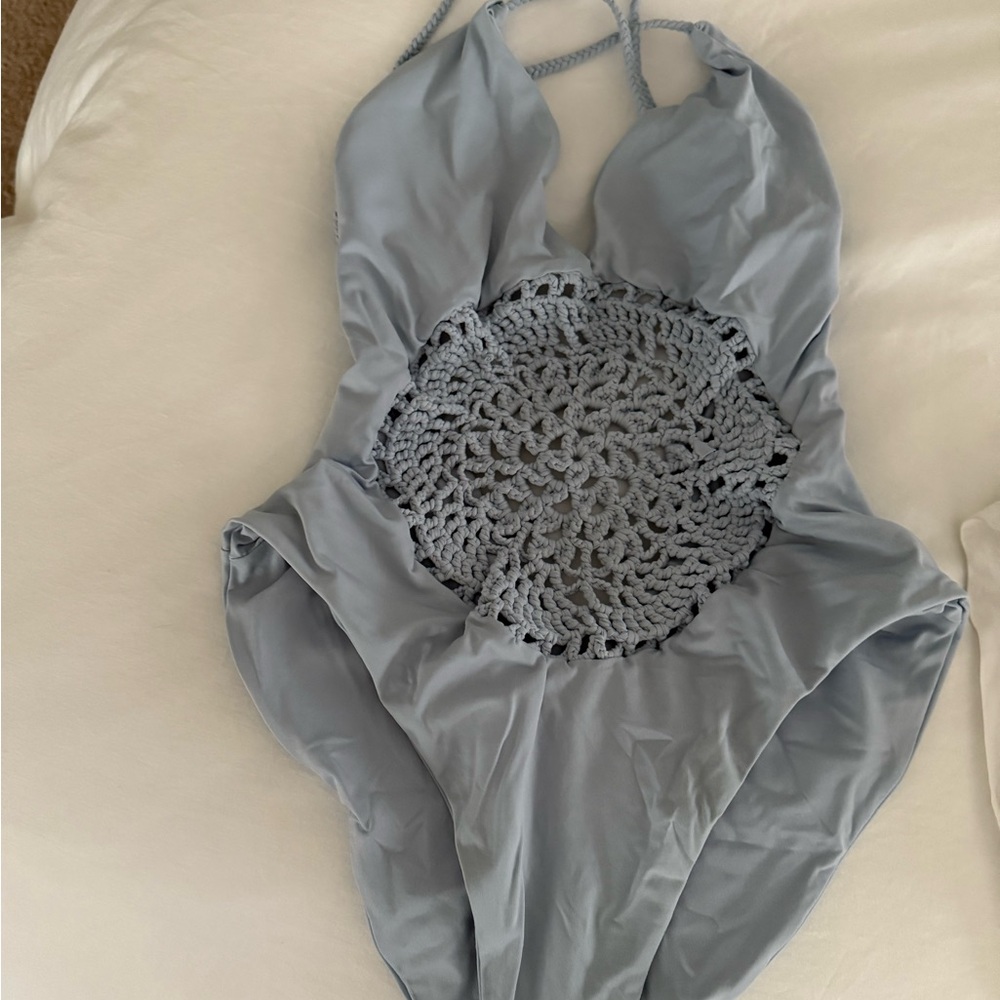 Frankies Bikinis Blue Crochet One Piece Swimsuit
